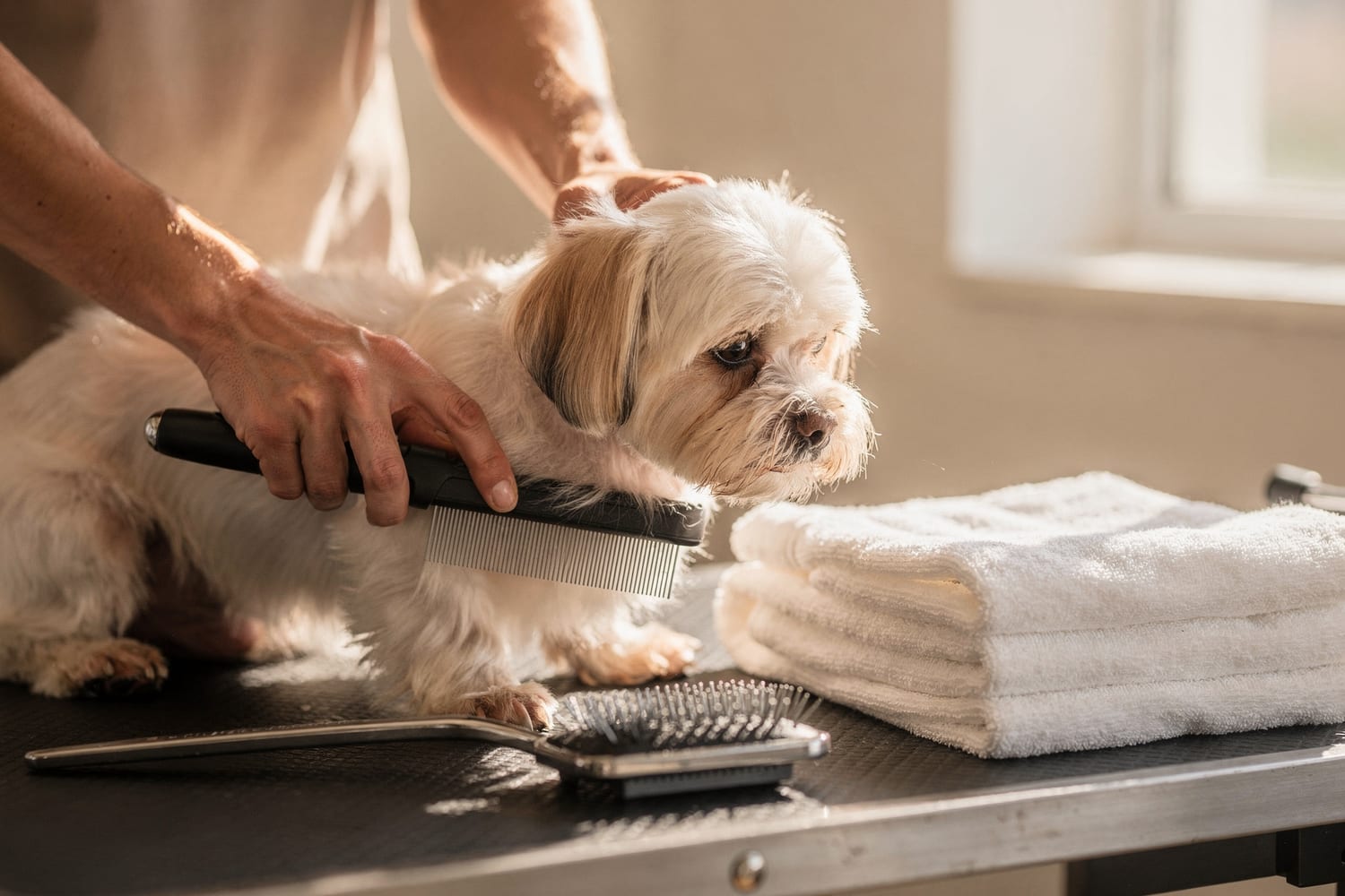 Gentle hands carefully combing out a small dog's coat beside folded towels