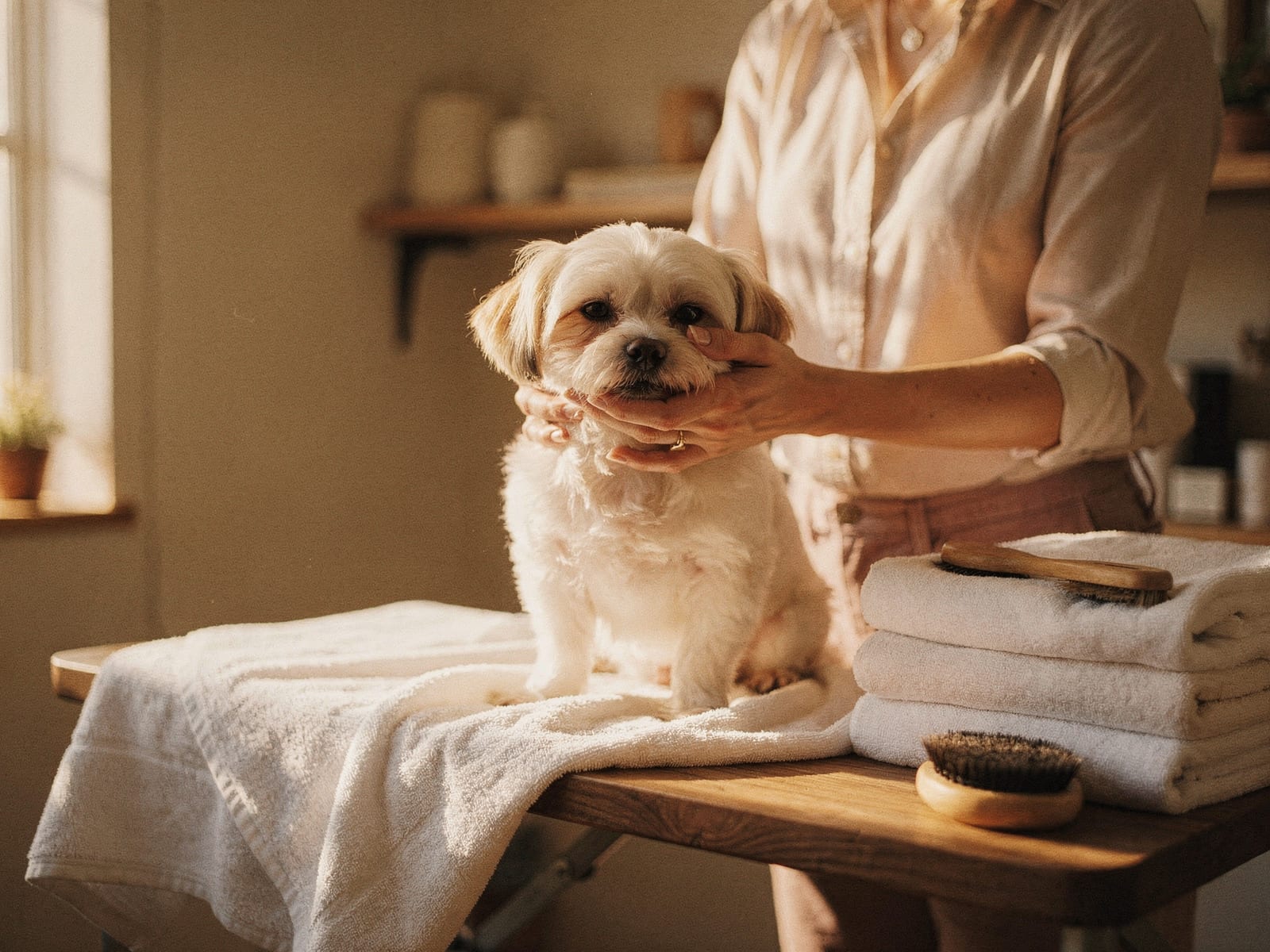 A groomer’s gentle hands cradling a calm, trusting little dog on a towel-draped table