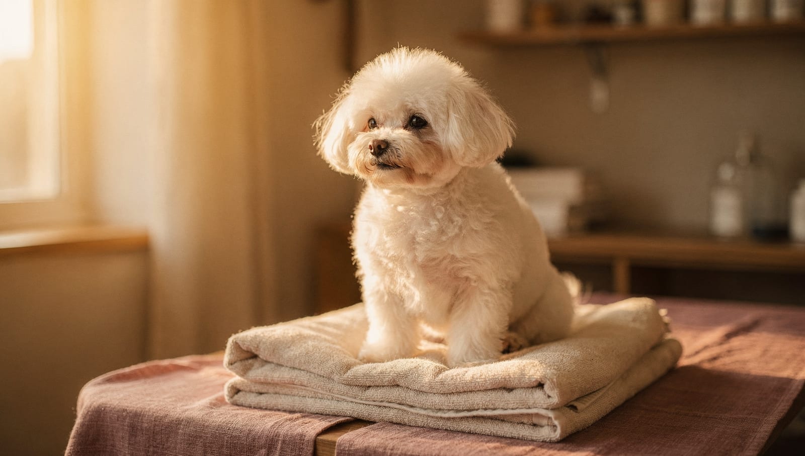 A freshly groomed, happy little dog resting on a soft towel in warm light
