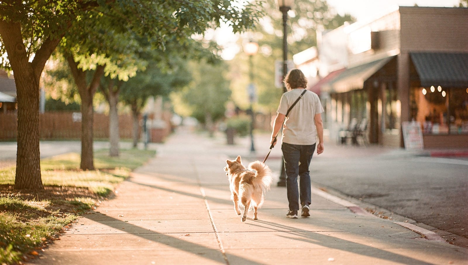 A quiet, tree-lined Littleton sidewalk at golden hour with someone walking a happy dog